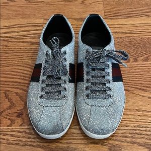 Gucci Metallic Silver Glitter Studded Sneakers